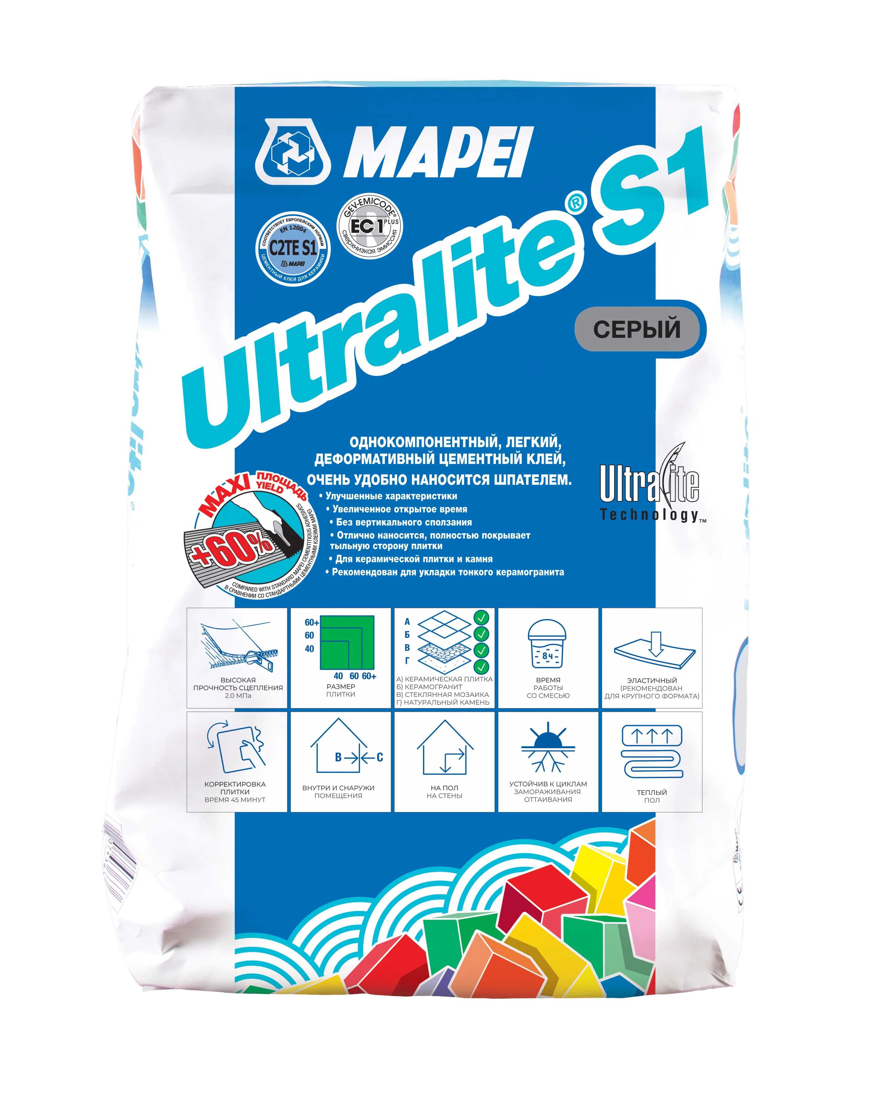 Клей для плитки Mapei Ultralite S1, серый – купить по низкой цене в Екатеринбурге в интернет-магазине Стройснаб Клей для плитки Mapei Ultralite S1, серый