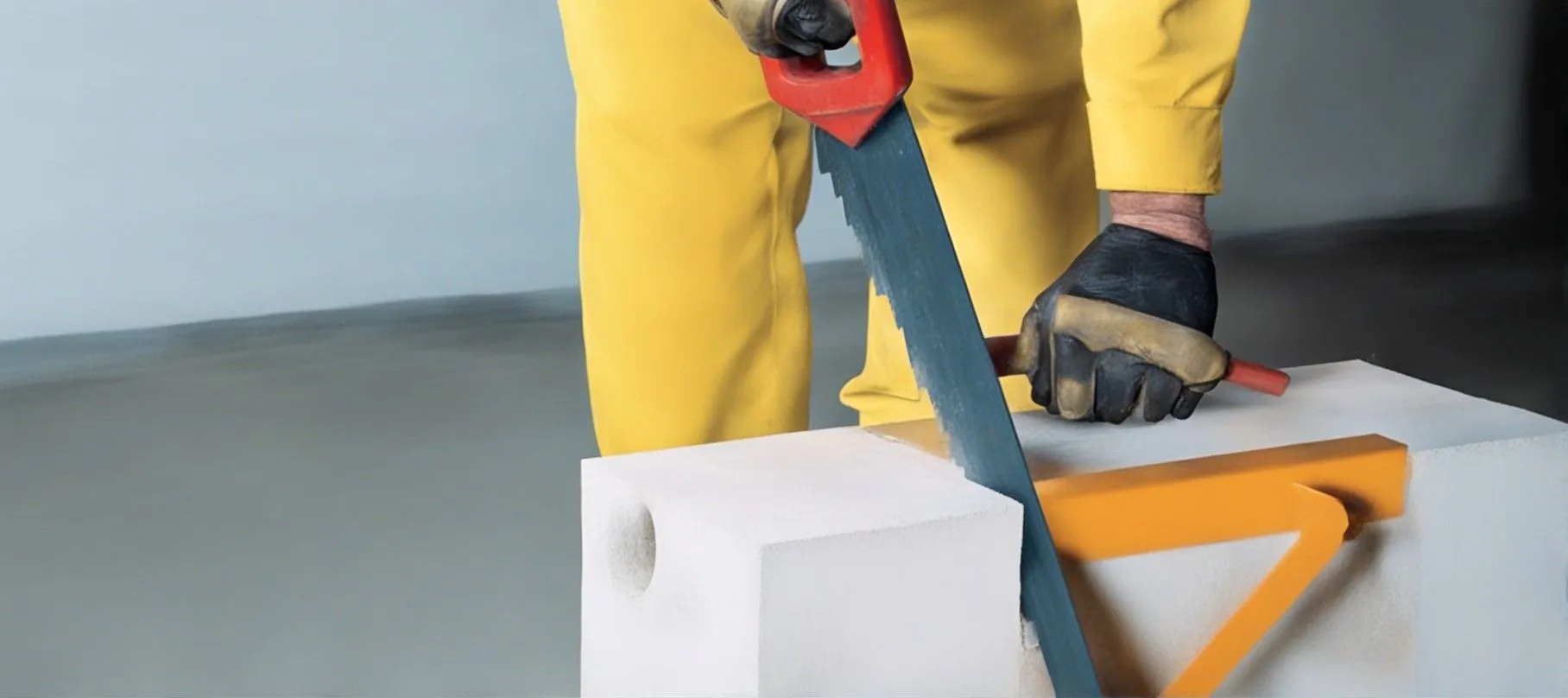 Резка газоблока на объекте строительства Резка газоблока на объекте строительства